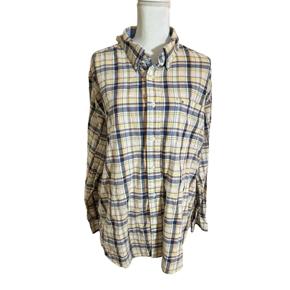 Tommy Hilfiger Spring Summer Yellow Blue Plaid Button Shirt Men’s Size XL